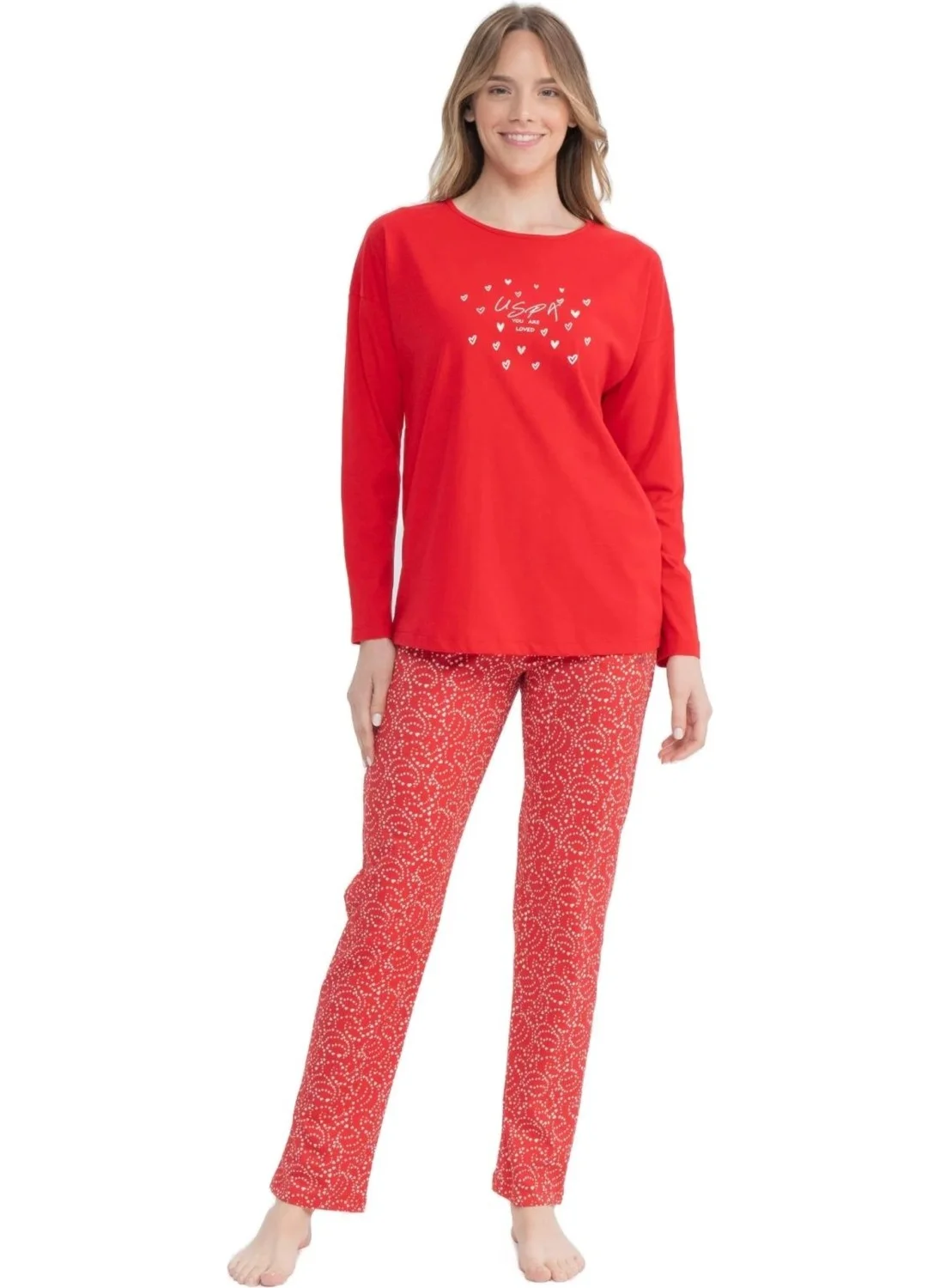 U.S. Polo Assn. 17116 Women's Red Long Sleeve Round Neck Pajama Set