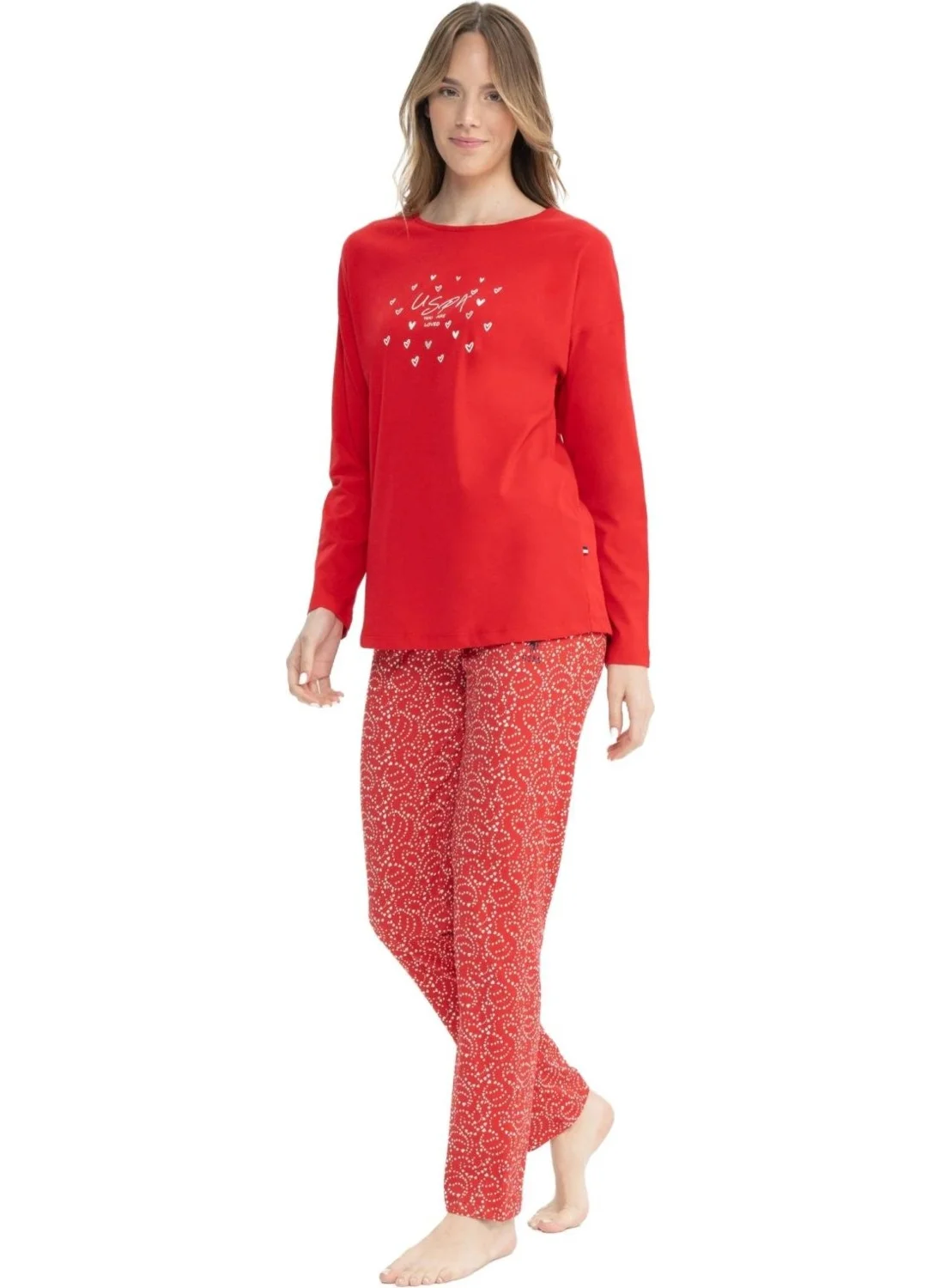 يو اس بولو اسن 17116 Women's Red Long Sleeve Round Neck Pajama Set