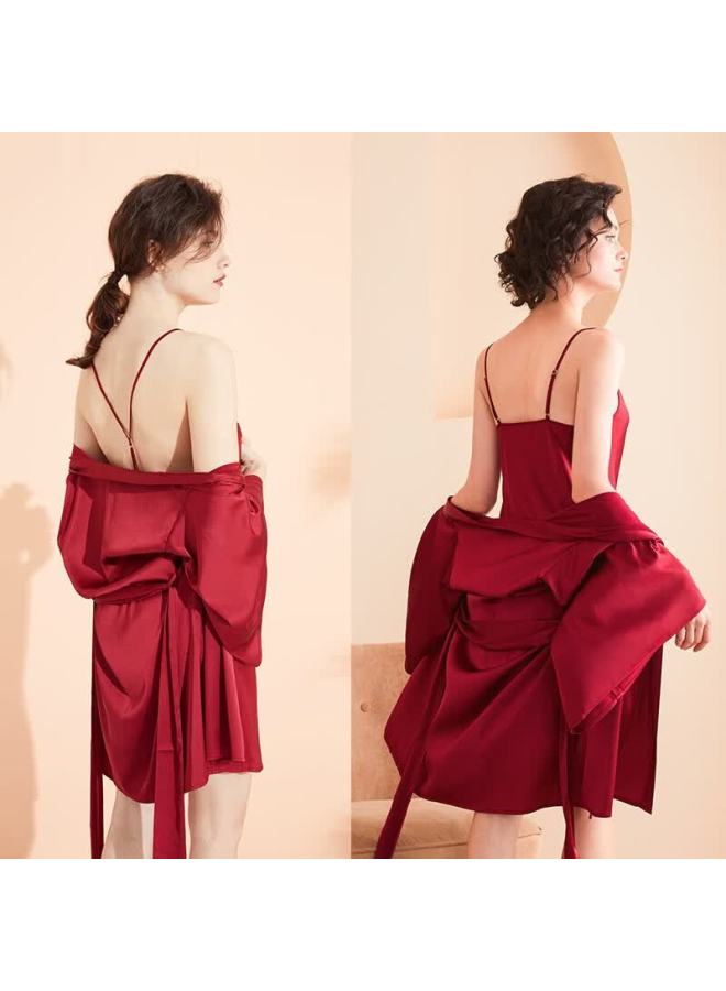 Agentmuse Nude-feel Sleepwear For Women, Wedding Bridesmaid Nightgown, Spaghetti Strap Sleep Dress, Morning Robe Set 209at, Caramel Red, S - Image 4