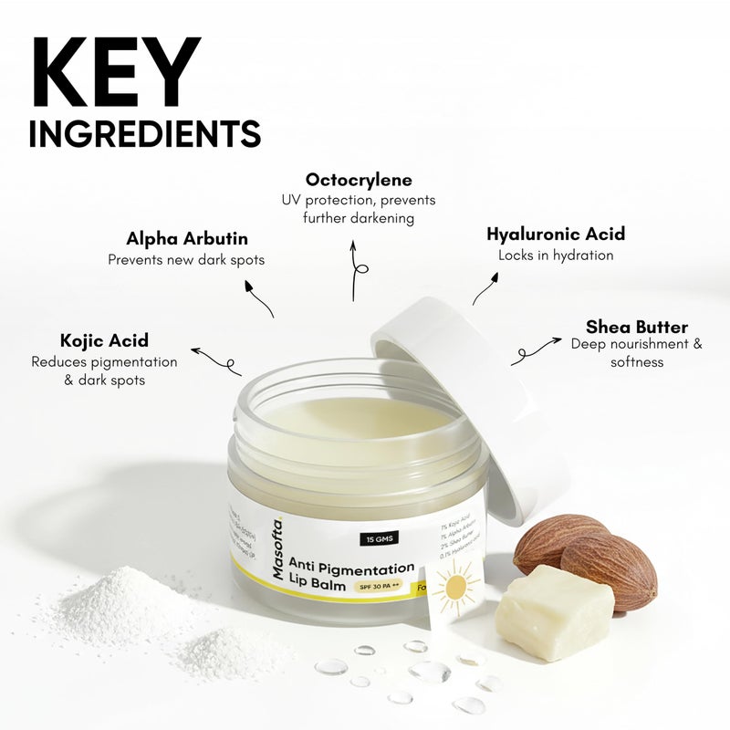 Masofta Shea Butter Lip Balm with Kojic Acid, Alpha Arbutin & Shea Butter for Smooth, Crack Free & Clear Lips, SPF 30 PA++, For Men & Women, 0.52 oz/15GMS - Image 2