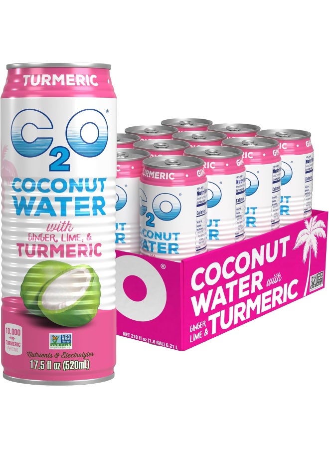 C2O - ماء جوز الهند مع الزنجبيل والليمون والكركم (12 عبوة) - مصنوع من ماء جوز الهند الطازج - نباتي - غير معدل وراثيًا - ماء معلب - ترطيب طبيعي، إلكتروليتات، وبوتاسيوم - 12 علبة، 17.5 أونصة سائلة - Image 1