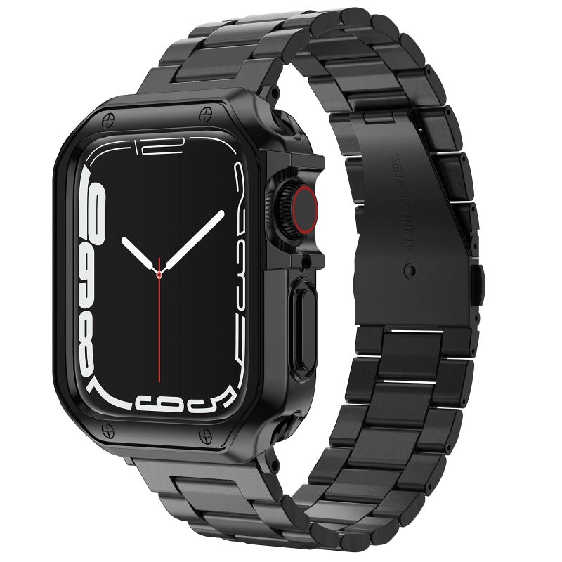 MRYUESG Compatible with Apple Watch Band and Case, Stainless Steel Metal Chain with TPU Cover, Smart-Watch Link Bracelet Strap, Wrist-Band for i-Watch Series 9 8 7 6 5 4 3 2 1 SE, 45mm 44mm 42mm, Black - Image 1