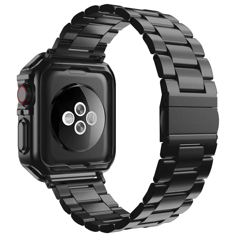 MRYUESG Compatible with Apple Watch Band and Case, Stainless Steel Metal Chain with TPU Cover, Smart-Watch Link Bracelet Strap, Wrist-Band for i-Watch Series 9 8 7 6 5 4 3 2 1 SE, 45mm 44mm 42mm, Black - Image 2