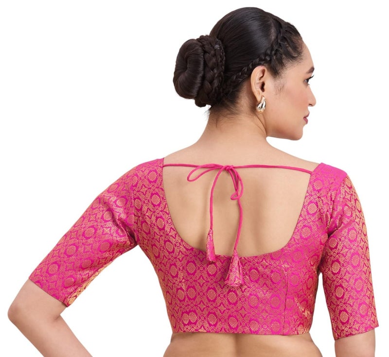 Studio Shringaar Women's Benaras Brocade Round Neck Readymade Saree Blouse (Pink, 42) - Image 2