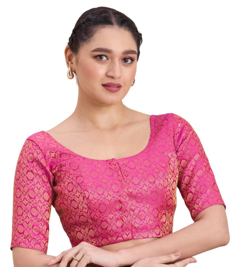 Studio Shringaar Women's Benaras Brocade Round Neck Readymade Saree Blouse (Pink, 42) - Image 1