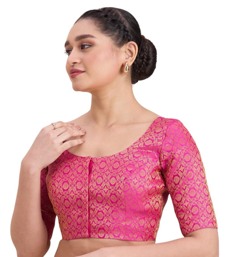 Studio Shringaar Women's Benaras Brocade Round Neck Readymade Saree Blouse (Pink, 42) - Image 5