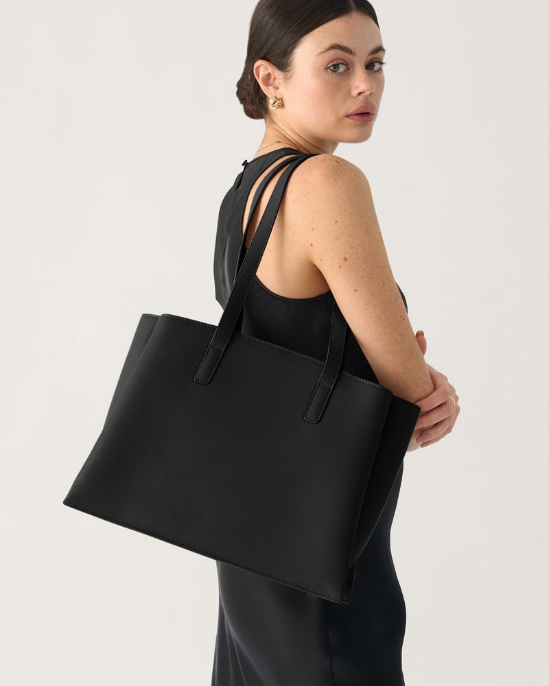 Apryl Work Tote Bags for Women 14 Inch - Work Bag Laptop Bag with Zip Compartments - Large PU Leather Office Purse Computer Briefcase - Black - Image 2