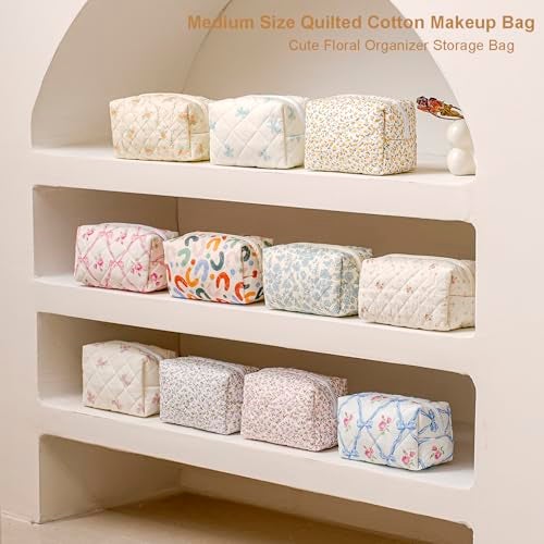 Gleyemor 2 Pieces Quilted Makeup Bag, Cute Floral Cosmetic Bag for Women, Cotton Make Up Bag Set, Flower Travel Toiletry Bag Tote Pouch Organizer (Pink Floral+ Pink Rose) - Image 5