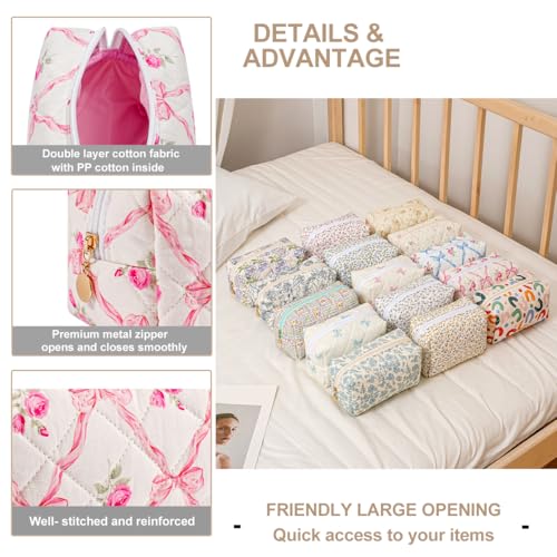 Gleyemor 2 Pieces Quilted Makeup Bag, Cute Floral Cosmetic Bag for Women, Cotton Make Up Bag Set, Flower Travel Toiletry Bag Tote Pouch Organizer (Pink Floral+ Pink Rose) - Image 3