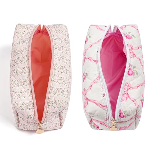 Gleyemor 2 Pieces Quilted Makeup Bag, Cute Floral Cosmetic Bag for Women, Cotton Make Up Bag Set, Flower Travel Toiletry Bag Tote Pouch Organizer (Pink Floral+ Pink Rose) - Image 2
