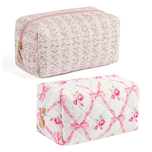 Gleyemor 2 Pieces Quilted Makeup Bag, Cute Floral Cosmetic Bag for Women, Cotton Make Up Bag Set, Flower Travel Toiletry Bag Tote Pouch Organizer (Pink Floral+ Pink Rose) - Image 1