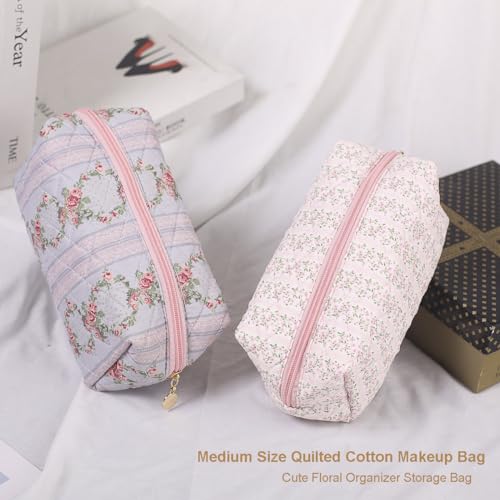 Gleyemor 2 Pieces Quilted Makeup Bag, Cute Floral Cosmetic Bag for Women, Cotton Make Up Bag Set, Flower Travel Toiletry Bag Tote Pouch Organizer (Pink Floral+ Pink Rose) - Image 4