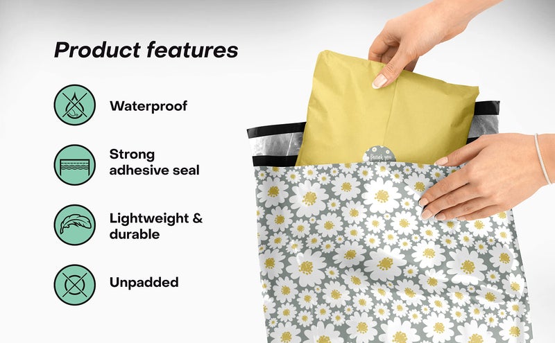 Package Mint 10x13 Poly Mailers – Daisy Floral – Waterproof, Tear-Resistant Shipping Bags with Adhesive Seal – 100 Pack – Package Mint - Image 4