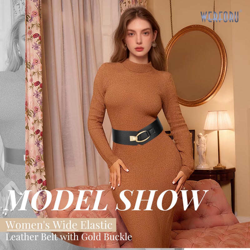 WERFORU Women Wide Elastic Belt Women Fashion Wide Belt with Gold Buckle Ladie Thick Waistbelt for Dresses - Image 3