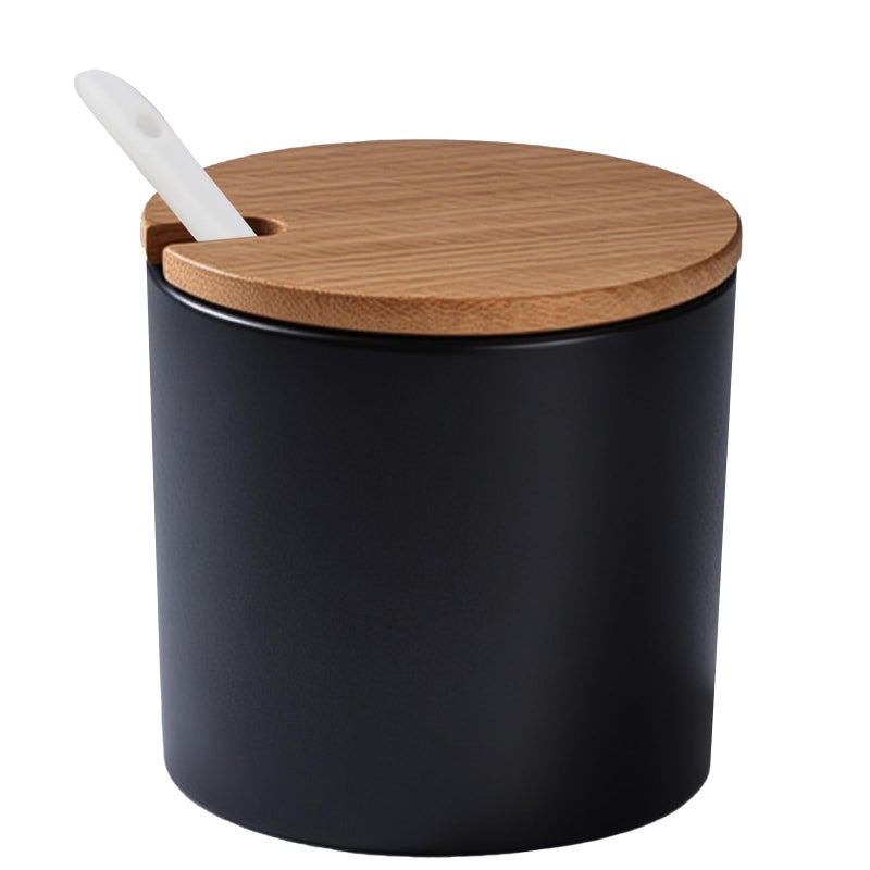Kitchenexus Sugar Bowl with Lid and Spoon Ceramic Sugar Container with Spoon and Bamboo Lid for Coffee Bar Sugar Dispenser Jar Seasoning Salt Pot for Kitchen 230ml Matt Black