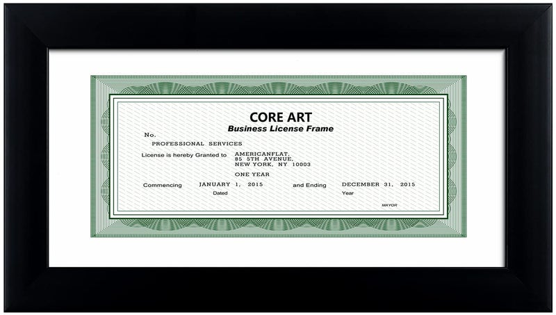 CORE ART 5x10 Business License Frame in Black  Professional Bank Check Frame 3.5x8 with Mat  High Definition Plexiglass  Wall or Tabletop Display - Image 1