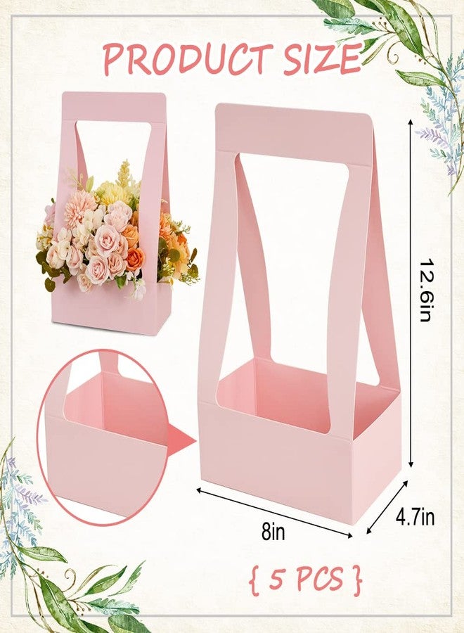 BEISHIDA 5 PCS Pink Flower Bouquet Boxes Craft Paper Gift Bags with Handle for Bouquet Packaging Floral Wrap Florist Supplies Basket Graduation Wedding Valentine Gift Crafts(8 x 4.7 x 12.6 in) - Image 2