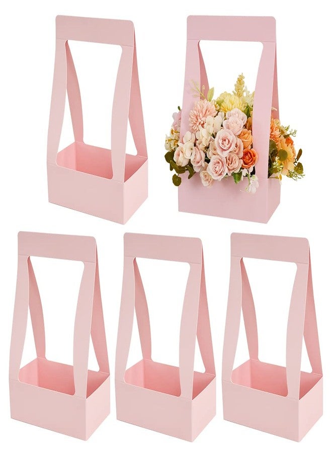 BEISHIDA 5 PCS Pink Flower Bouquet Boxes Craft Paper Gift Bags with Handle for Bouquet Packaging Floral Wrap Florist Supplies Basket Graduation Wedding Valentine Gift Crafts(8 x 4.7 x 12.6 in) - Image 1