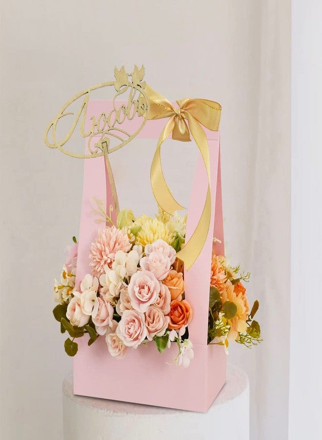 BEISHIDA 5 PCS Pink Flower Bouquet Boxes Craft Paper Gift Bags with Handle for Bouquet Packaging Floral Wrap Florist Supplies Basket Graduation Wedding Valentine Gift Crafts(8 x 4.7 x 12.6 in) - Image 5
