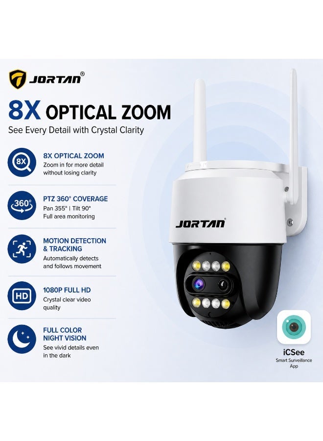 Jortan 2.5K Indoor Outdoor Wi-Fi Security Camera, 8X Zoom, Full Color Night Vision, 2 way Talking, Motion Detection, Motion Tracking, PTZ Control, 24/7 Recording, - Image 1