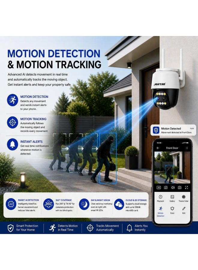 Jortan 2.5K Indoor Outdoor Wi-Fi Security Camera, 8X Zoom, Full Color Night Vision, 2 way Talking, Motion Detection, Motion Tracking, PTZ Control, 24/7 Recording, - Image 3