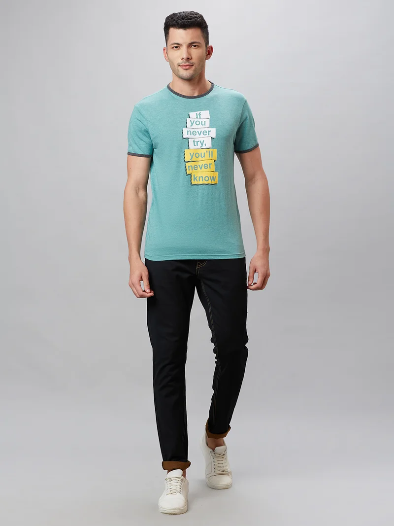 جلو باص تيشيرت رجالي قطن أزرق سماوي مطبوع بياقة دائرية وقصة عادية