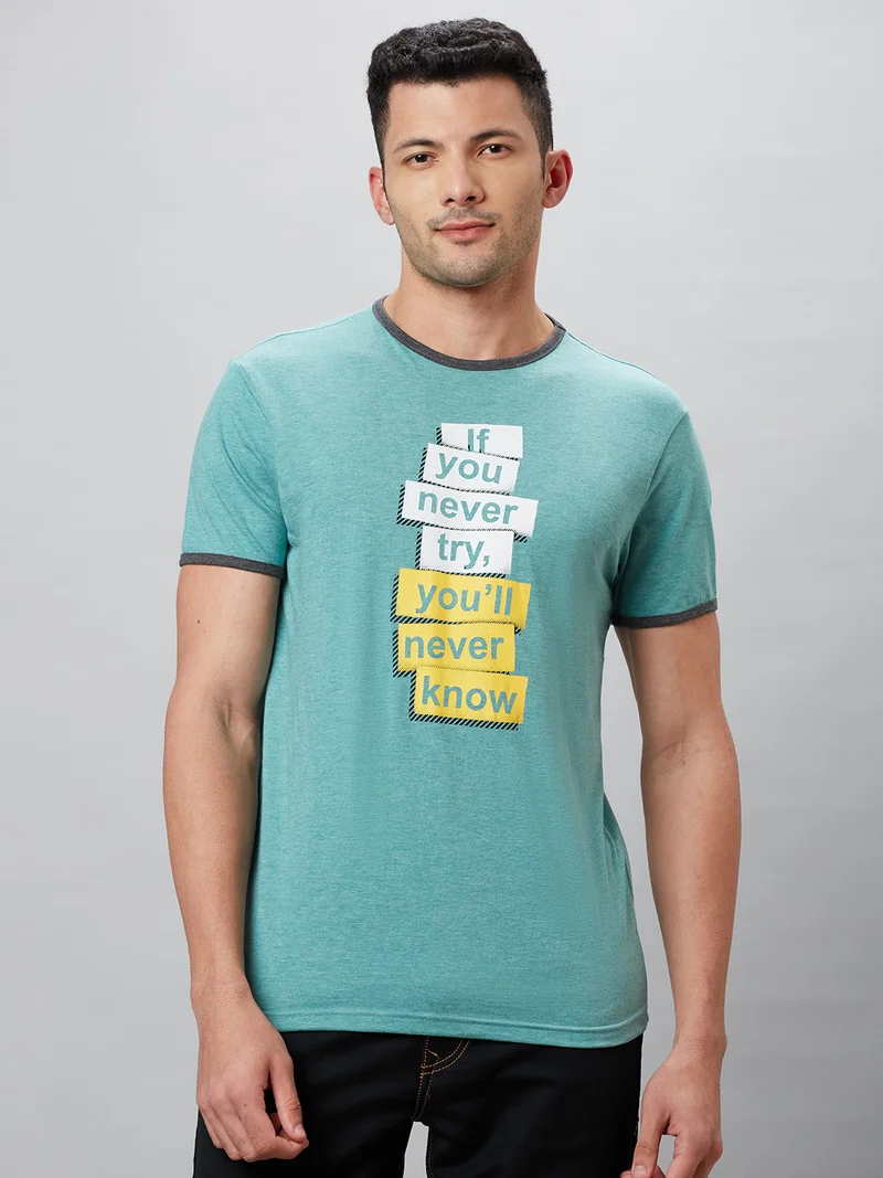 جلو باص تيشيرت رجالي قطن أزرق سماوي مطبوع بياقة دائرية وقصة عادية