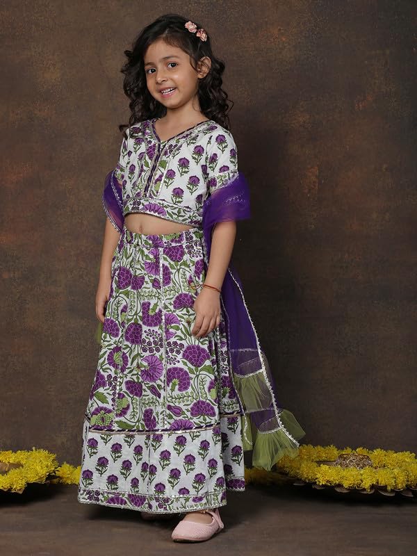 superminis Girls Floral Printed Cotton Half Sleeve Lehenga Choli Set With Net Dupatta Kids Ethnic Wear Set (12-18 Months, Purple) - Image 3