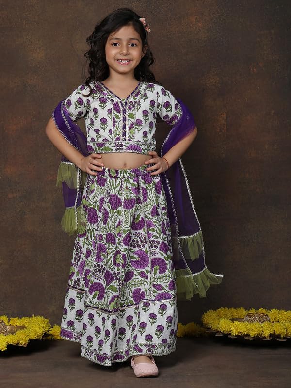 superminis Girls Floral Printed Cotton Half Sleeve Lehenga Choli Set With Net Dupatta Kids Ethnic Wear Set (12-18 Months, Purple) - Image 2