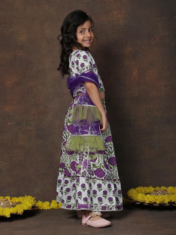 superminis Girls Floral Printed Cotton Half Sleeve Lehenga Choli Set With Net Dupatta Kids Ethnic Wear Set (12-18 Months, Purple) - Image 4