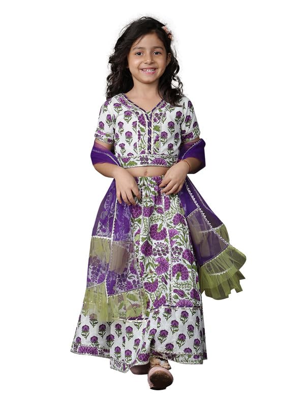 superminis Girls Floral Printed Cotton Half Sleeve Lehenga Choli Set With Net Dupatta Kids Ethnic Wear Set (12-18 Months, Purple) - Image 1