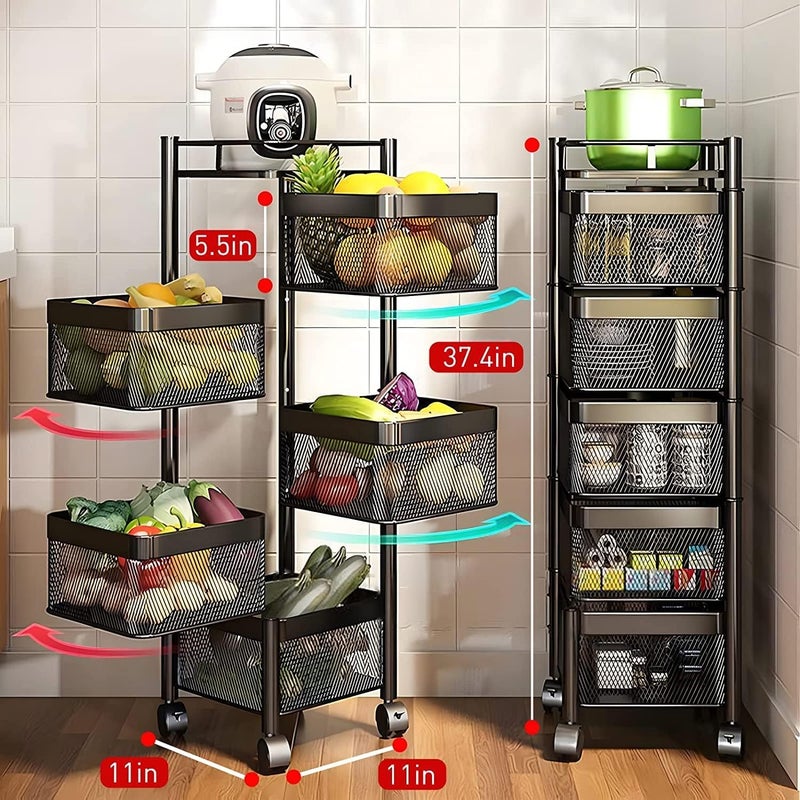 REWOP Kitchen Trolley with Wheels Kitchen Organizer Items and Storage Solutions for Square Kitchen Organizer and Kitchen Accessories Items Revolving Vegetable Kitchen Rack Black 5 Layer - Image 2