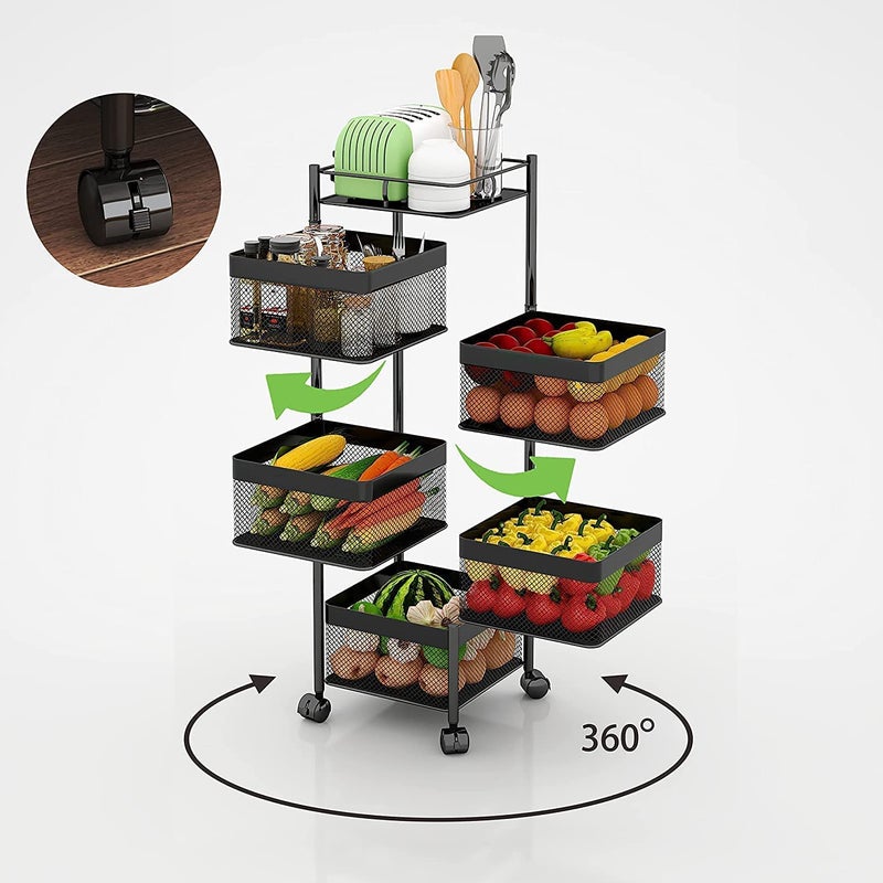 REWOP Kitchen Trolley with Wheels Kitchen Organizer Items and Storage Solutions for Square Kitchen Organizer and Kitchen Accessories Items Revolving Vegetable Kitchen Rack Black 5 Layer - Image 3