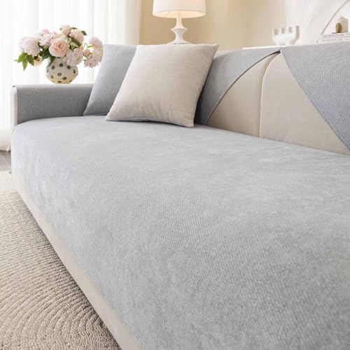 Aucrovee Soft Plush Couch Cover Washable Non Slip Pluffy Sectional Sofa Covers for 3 Cushion Couch Sofa L Sharped Sofa Slipcover Furniture Protector for Pets 1 PCS 36x82 Light Grey - Image 1