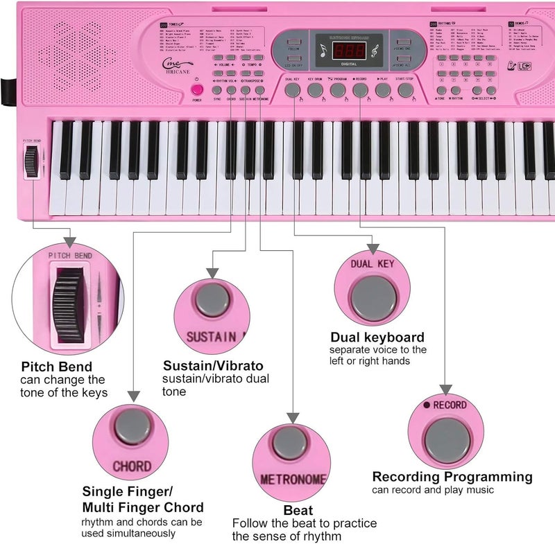 Hricane Keyboard Piano Lighted Keys for Beginner Adults Teens Kids, 61 Key Electronic Music Keyboard with Teaching Modes Powered by USB or Battery with LCD Display Microphone Headphone Jack - Image 4