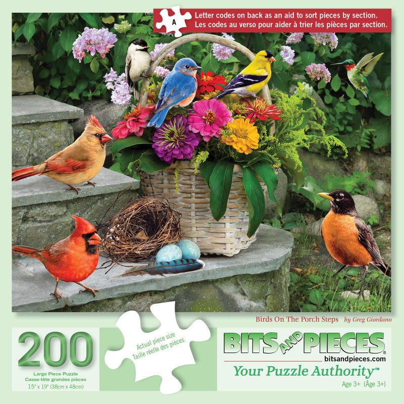 Bits and Pieces 200 Piece Puzzles for Adults 200 Large Pieces 15" x 19" Jigsaw Puzzles, Birds and Flowers, Random Die Cut, No 2 Pieces Alike, Birds on The Porch Steps - Image 1