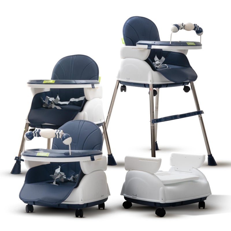 Baybee 4 in 1 Nora Convertible High Chair for KidsAdjustable Height and Footrest, Baby Toddler Feeding Booster Seat with Tray, Wheels, Safety Belt and Cushion For 6 Months to 4 Years (Dark Blue) - Image 1