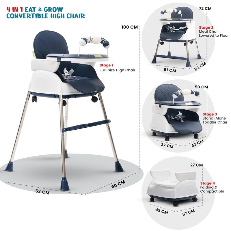 Baybee 4 in 1 Nora Convertible High Chair for KidsAdjustable Height and Footrest, Baby Toddler Feeding Booster Seat with Tray, Wheels, Safety Belt and Cushion For 6 Months to 4 Years (Dark Blue) - Image 2
