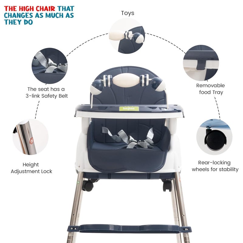 Baybee 4 in 1 Nora Convertible High Chair for KidsAdjustable Height and Footrest, Baby Toddler Feeding Booster Seat with Tray, Wheels, Safety Belt and Cushion For 6 Months to 4 Years (Dark Blue) - Image 3