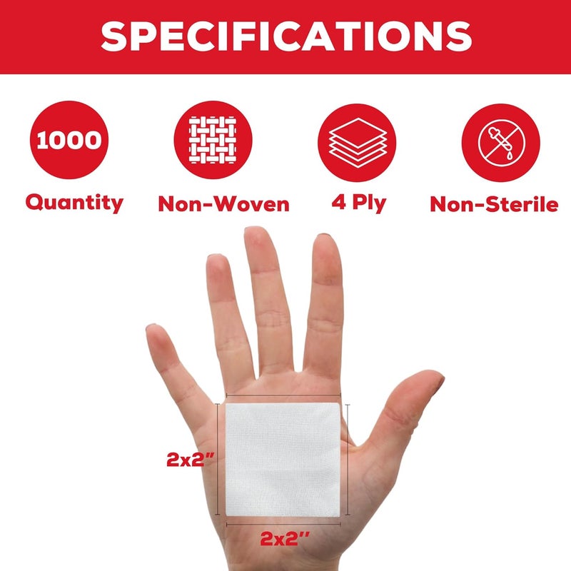 HEALQU 1000 Gauze Pads 2x2  Soft NonWoven 4Ply for Tooth Extractions and Dental Procedures  NonSterile Square Sponges for First Aid Surgical  Wound Dressing 5 Packs of 200 - Image 2