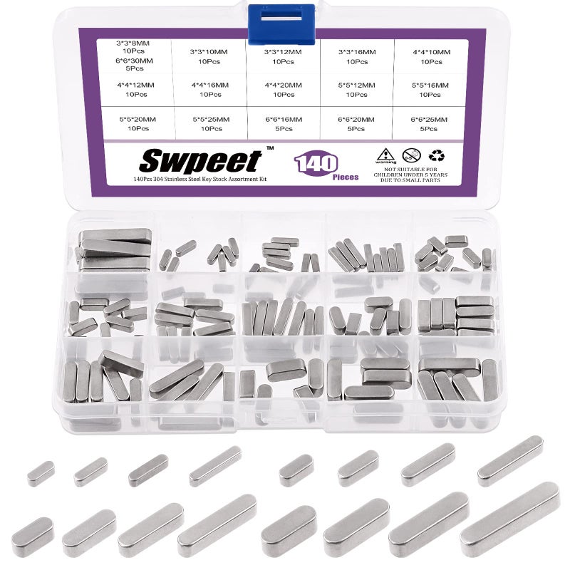 Swpeet 140Pcs 16 Sizes Stainless Steel 3mm 4mm 5mm 6mm Round Ended Feather Key Parallel Drive Shaft Keys Set Key Stock Assortment for Fasteners Mechanical Industry - Image 2