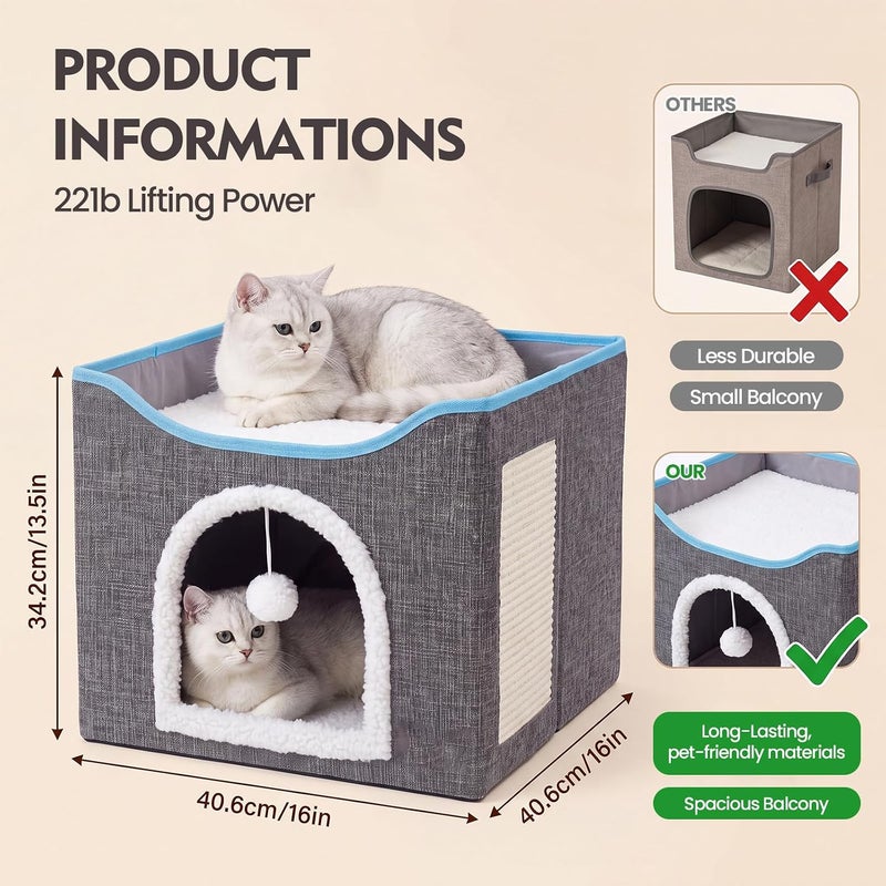UREVO Foldable Cat House Cave Bed with Scratching Board & Fluffy Ball, Grey - Image 3
