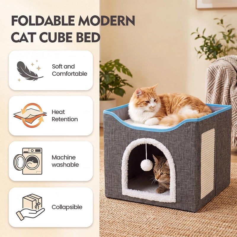 UREVO Foldable Cat House Cave Bed with Scratching Board & Fluffy Ball, Grey - Image 2
