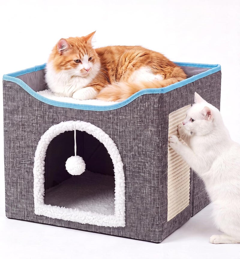 UREVO Foldable Cat House Cave Bed with Scratching Board & Fluffy Ball, Grey - Image 1