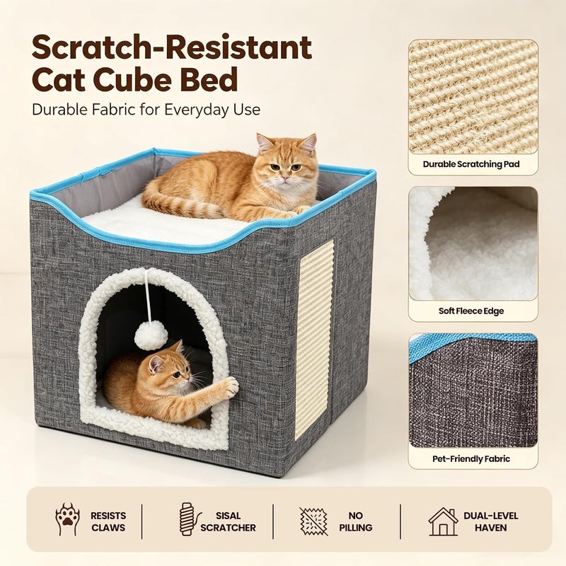 UREVO Foldable Cat House Cave Bed with Scratching Board & Fluffy Ball, Grey - Image 5