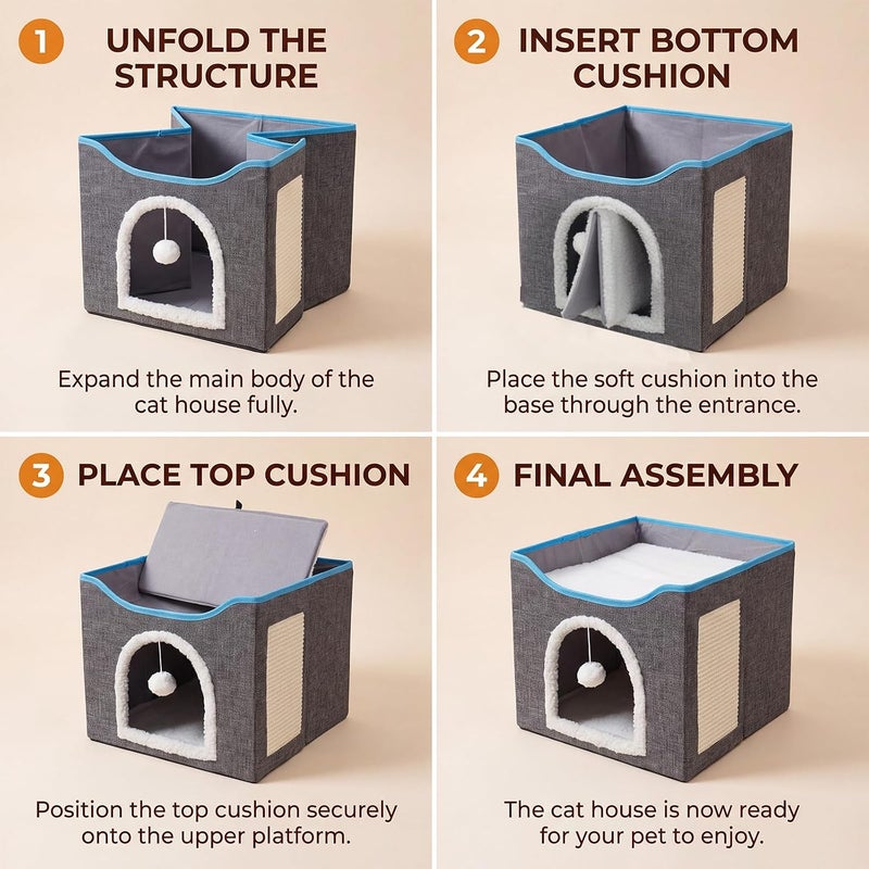 UREVO Foldable Cat House Cave Bed with Scratching Board & Fluffy Ball, Grey - Image 4