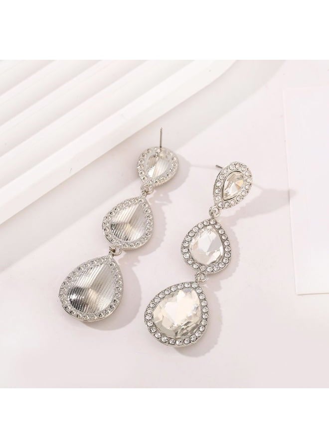 Moiegouct Silver Clear Rhinestone Teardrop Earrings Vintage Crystal Long Dangle Drop Earrings for Women Wedding Prom Costume - Image 5