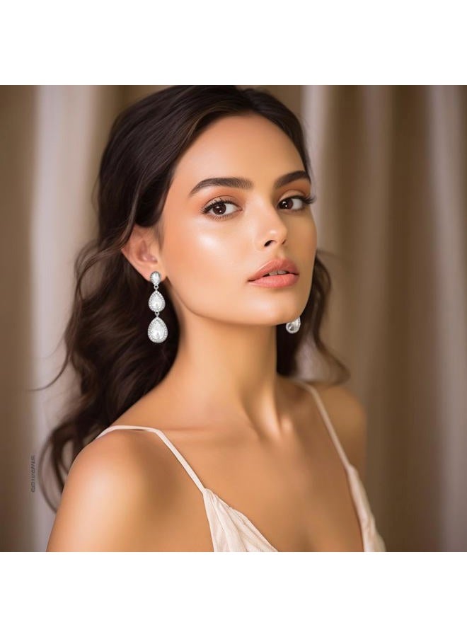 Moiegouct Silver Clear Rhinestone Teardrop Earrings Vintage Crystal Long Dangle Drop Earrings for Women Wedding Prom Costume - Image 2