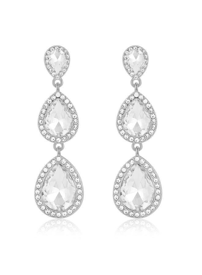 Moiegouct Silver Clear Rhinestone Teardrop Earrings Vintage Crystal Long Dangle Drop Earrings for Women Wedding Prom Costume - Image 1