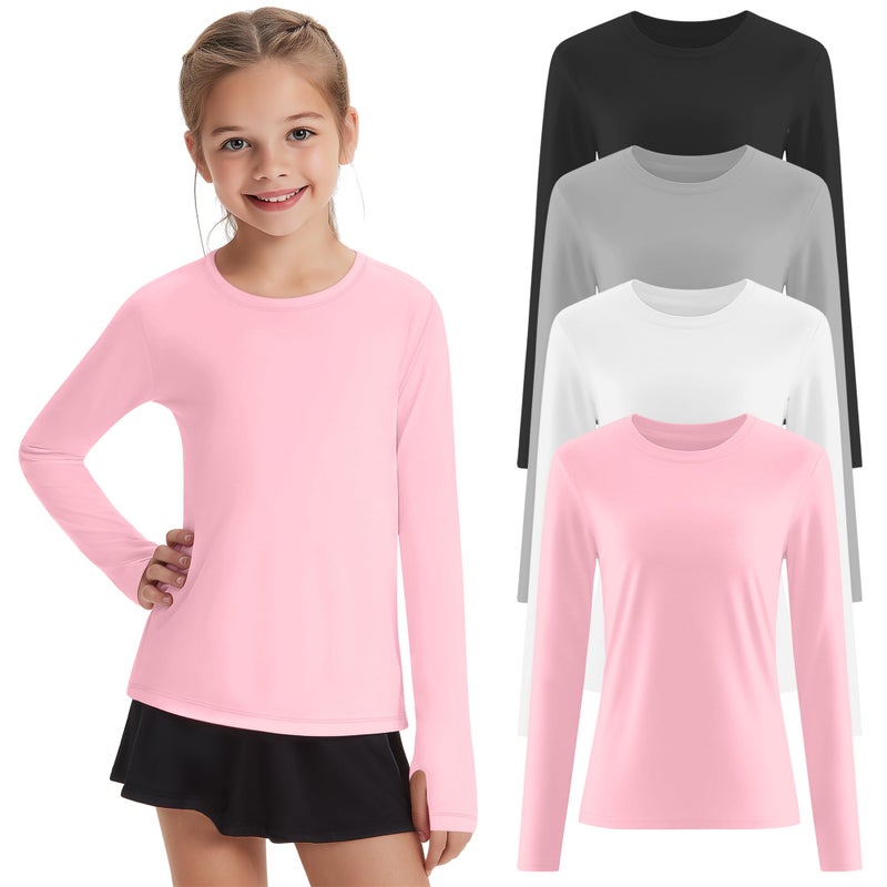 LessonZoo 4 Pack Girl's Long Sleeve Athletic Shirts with Thumb Holes, 5-14 Years Kids Quick Dry Crew Neck Teens Gym Yoga Tops(Pink, White, Light Gray, Black,13-14 Years) - Image 1